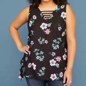 Lane Bryant | Plus Size sleeveless floral blouse shirt cage v neck strappy shirt
